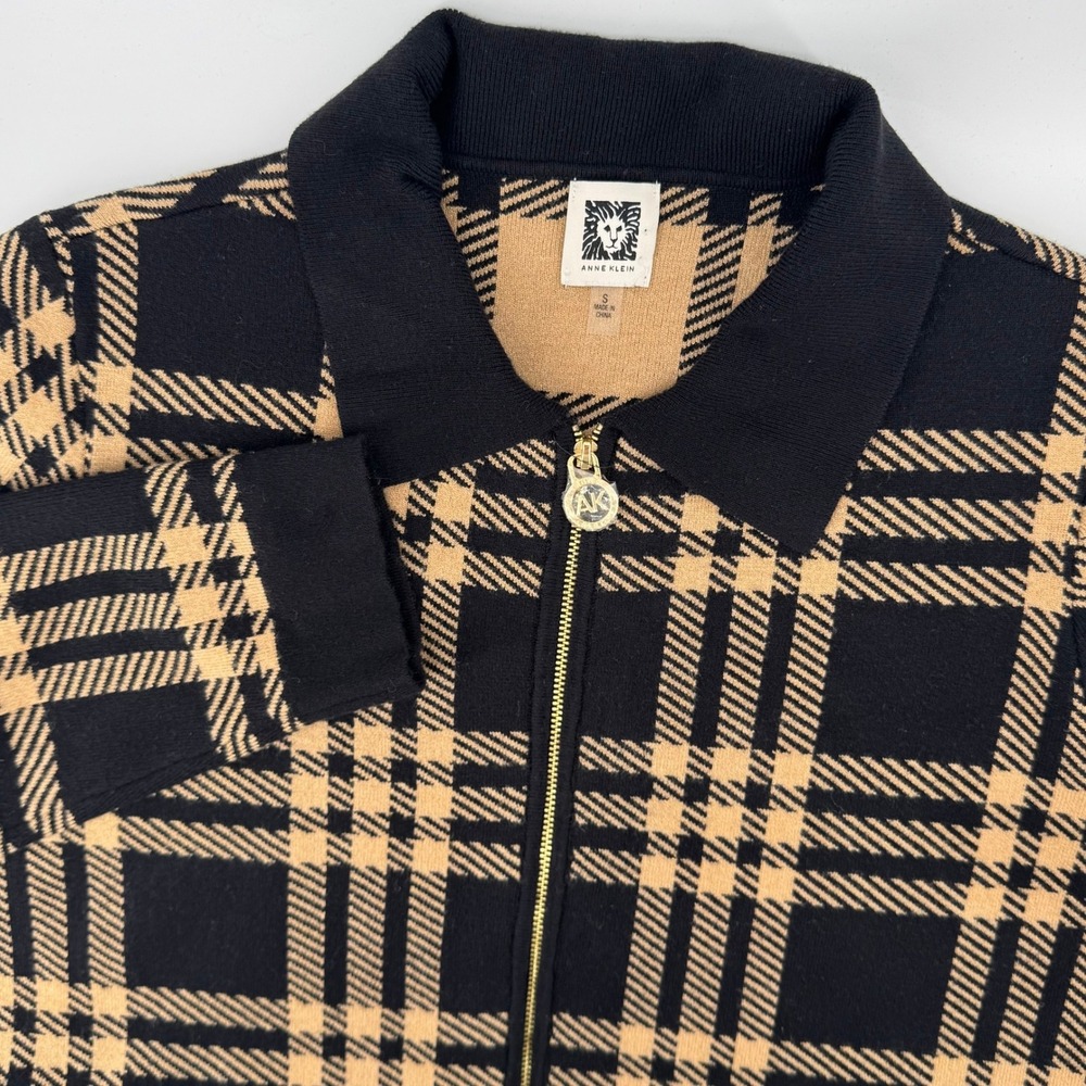 Anne Klein Plaid Full Zip Cardigan Womens Small Black Tan Collared Sweater